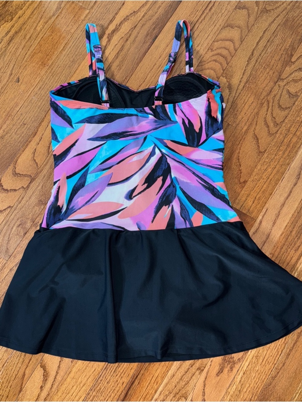 Venus One Piece Tropical Palm Print Swim Dress Shirred Black Purple Size 14 - Picture 5 of 6